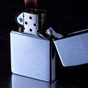 A polished metal lighter with its lid open